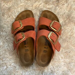 Birkenstock Orange Sandals with Gold Buckles